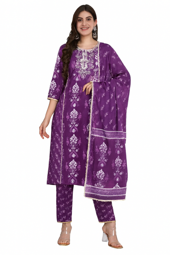 Royal Purple Printed Kurta Set with Lace Trim (Size-S)