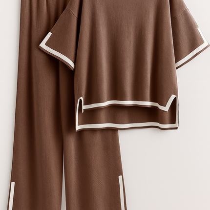 Two-Piece Relaxed Fit Co-Ord Set for Women-Brown (Size-M) | D37