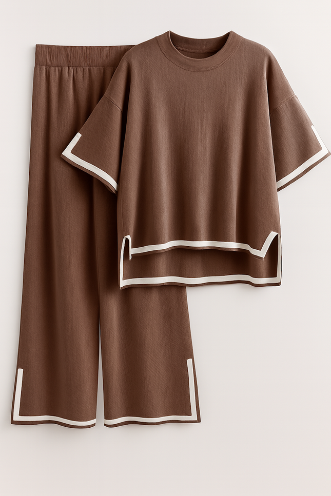Two-Piece Relaxed Fit Co-Ord Set for Women-Brown (Size-M) | D37