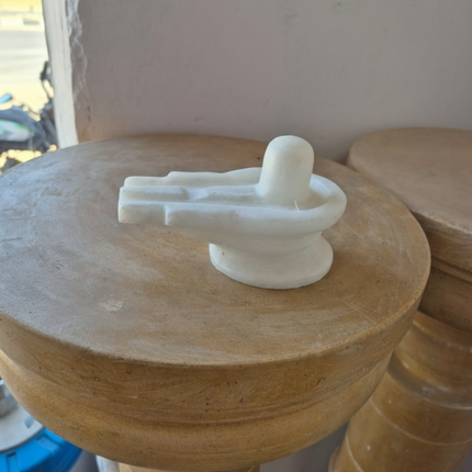 White Marble Shiva Lingam on Wooden Base