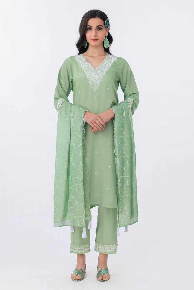 Festive Wear  Straight Kurta and Pant Set with Dupatta-Pista