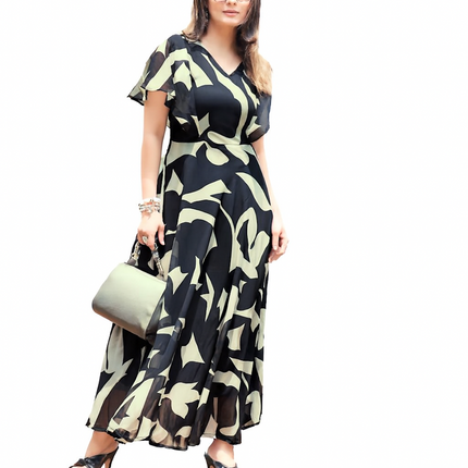 Chic Black & Cream Abstract Print Maxi Dress  (Size-L)