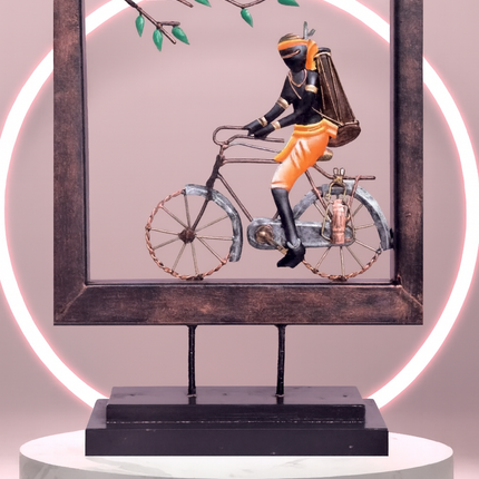Rustic Cyclist Sculpture – Traveler in Frame