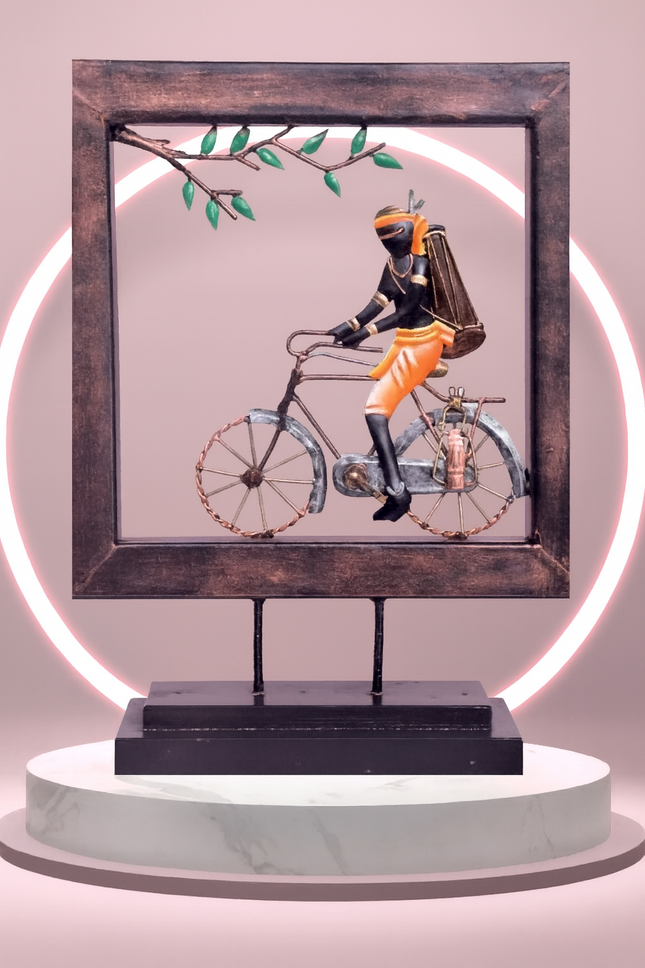 Rustic Cyclist Sculpture – Traveler in Frame