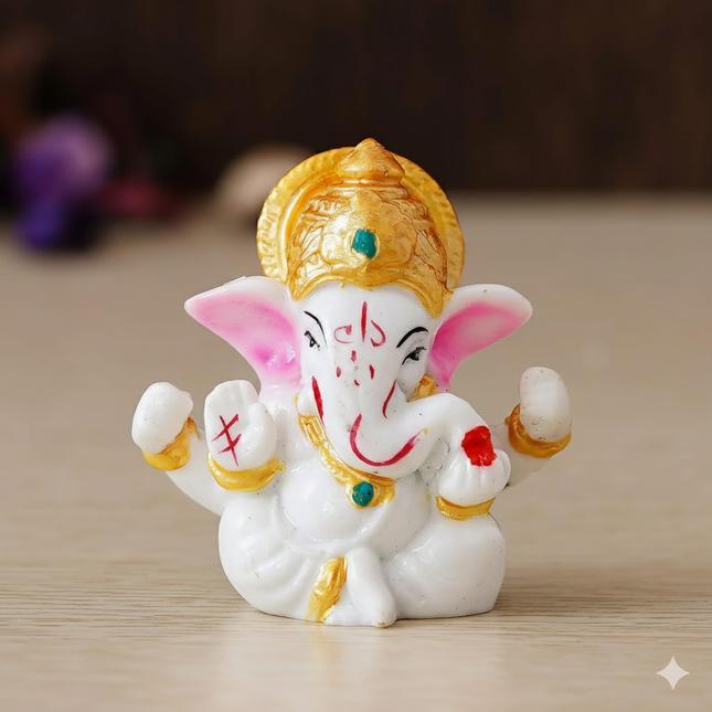 Mini Lord Ganesha Idol – White & Gold Decorative Statue