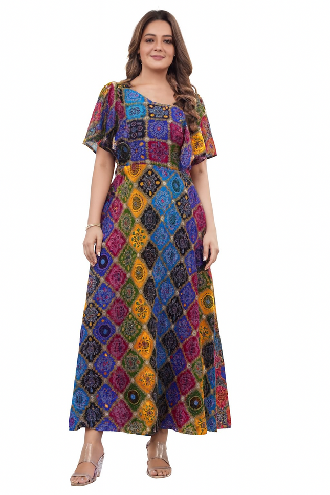 Multi-Color Patchwork Print Flared Maxi Dress (Size-XS)