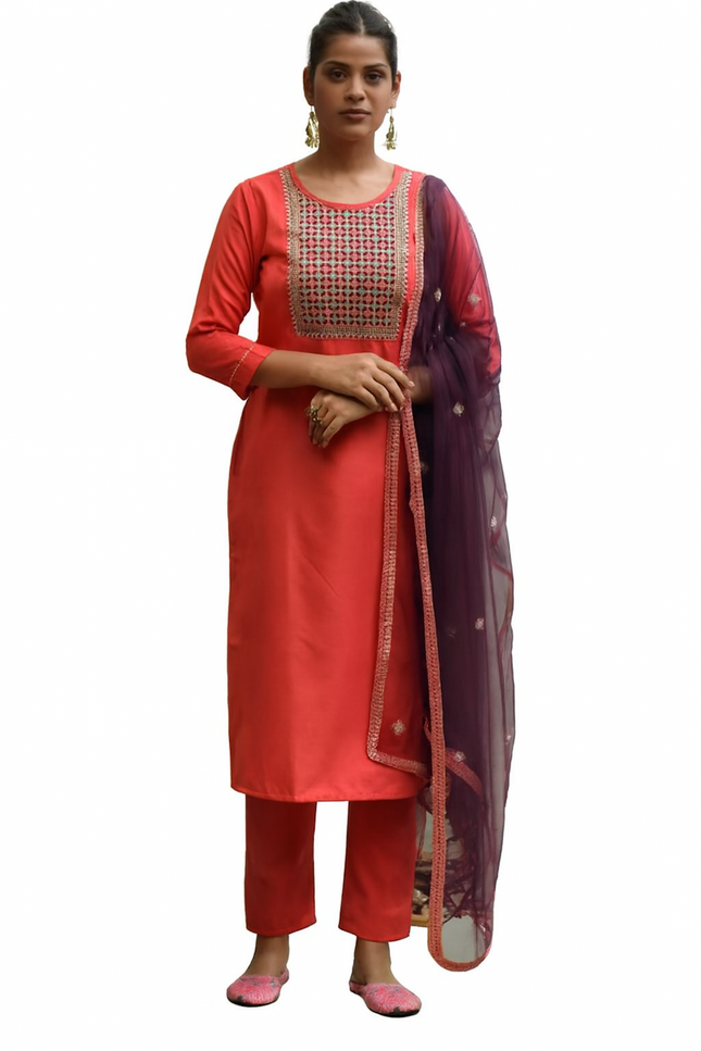 А Coral Kurta Set with Embroidered Yoke & Dupatta (Size-M)