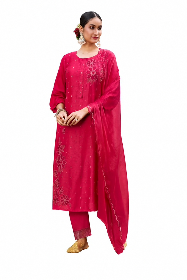 Fuchsia Pink Kurta Set with Gold Embroidery (Size-M)