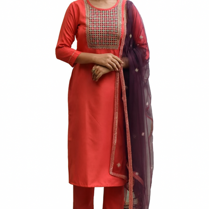 А Coral Kurta Set with Embroidered Yoke & Dupatta (Size-XS)