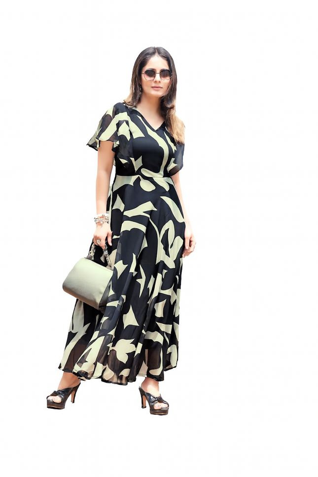Chic Black & Cream Abstract Print Maxi Dress  (Size-XXS)