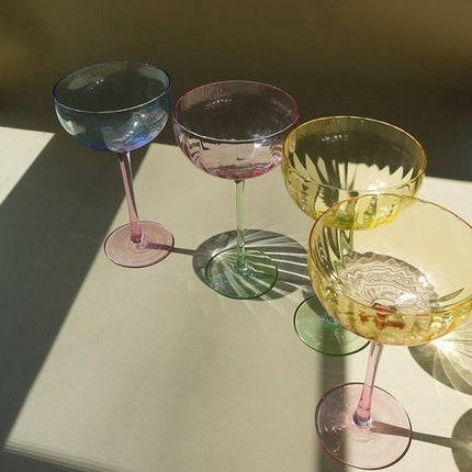 Hand Blown Retro Pastel Coloured Cocktail Glasses Coupe Set of 4 (