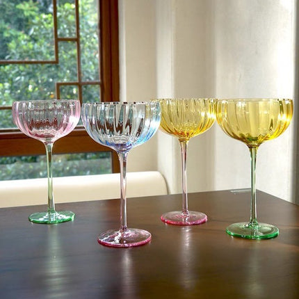 Hand Blown Retro Pastel Coloured Cocktail Glasses Coupe Set of 4 (
