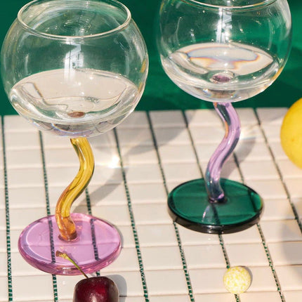Handblown Bubble Wine Glass - Retro Whimsical Eclectic Wavy Stemmed