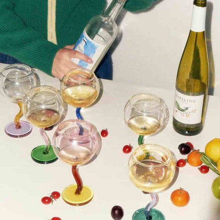 Handblown Bubble Wine Glass - Retro Whimsical Eclectic Wavy Stemmed