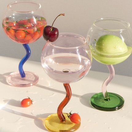 Handblown Bubble Wine Glass - Retro Whimsical Eclectic Wavy Stemmed