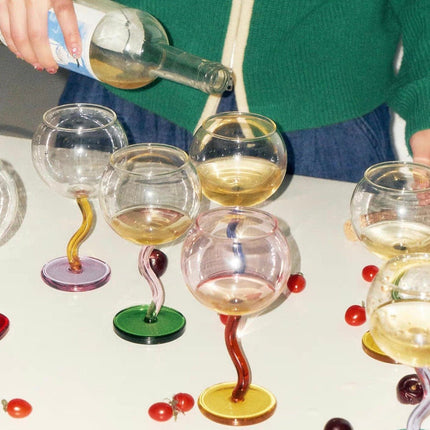 Handblown Bubble Wine Glass - Retro Whimsical Eclectic Wavy Stemmed
