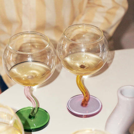 Handblown Bubble Wine Glass - Retro Whimsical Eclectic Wavy Stemmed