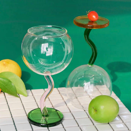 Handblown Bubble Wine Glass - Retro Whimsical Eclectic Wavy Stemmed