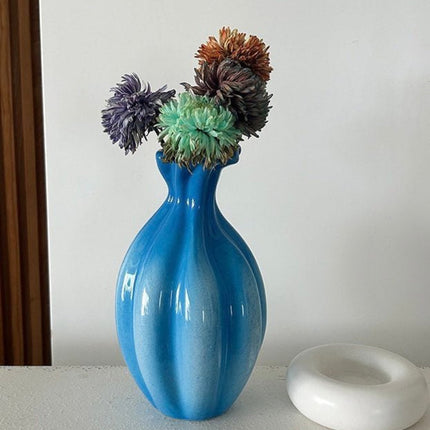Handcrafted French Style Gradient Blue Ceramic Vase - Unique Flower Ve