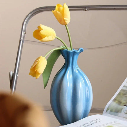 Handcrafted French Style Gradient Blue Ceramic Vase - Unique Flower Ve
