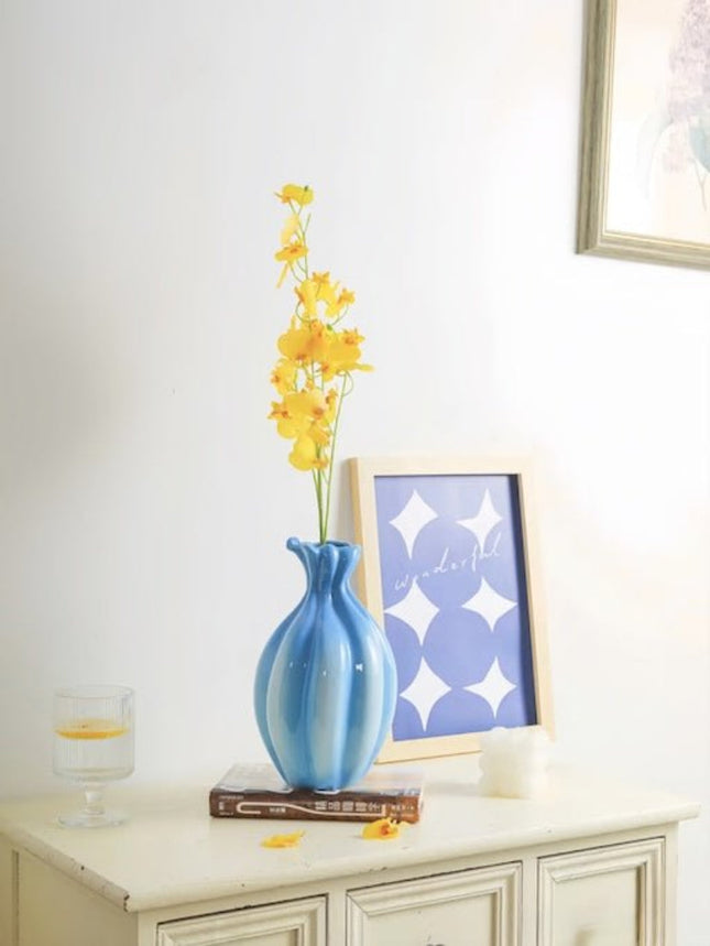 Handcrafted French Style Gradient Blue Ceramic Vase - Unique Flower Ve