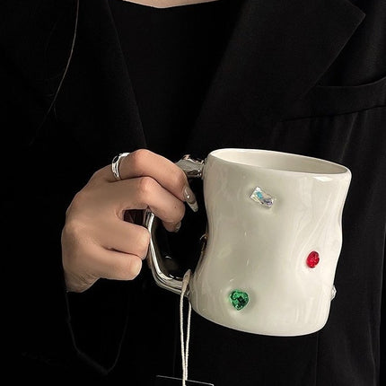 Handmade Ceramic Gemstone Couple Coffee Mugs with Wavy Handle
