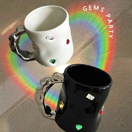 Handmade Ceramic Gemstone Couple Coffee Mugs with Wavy Handle