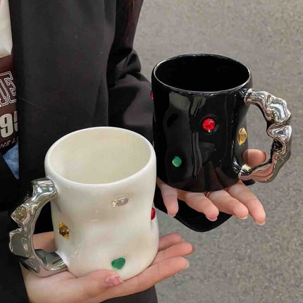 Handmade Ceramic Gemstone Couple Coffee Mugs with Wavy Handle