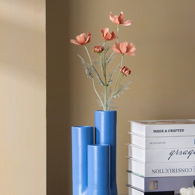 Handmade Funky Memphis Triple Stems Ceramic Vase, Decorative Flower