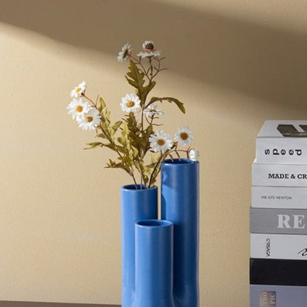 Handmade Funky Memphis Triple Stems Ceramic Vase, Decorative Flower