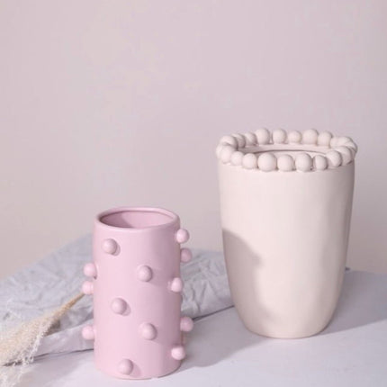 Handmade Morandi-color Pomponette Vase, Dotted Cylinder Centrepiece
