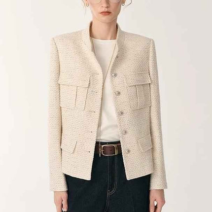 Heavy wool blend tweed stand collar waist cropped coat