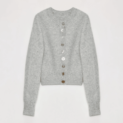 "Hokkaido Weaving Love" wool blend crew neck cardigan top
