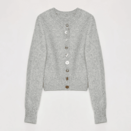 "Hokkaido Weaving Love" wool blend crew neck cardigan top