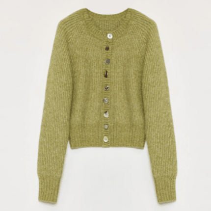 "Hokkaido Weaving Love" wool blend crew neck cardigan top
