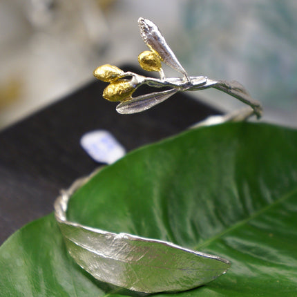 Sterling Silver Bracelet – Adjustable Olive Branch Cuff With Gold