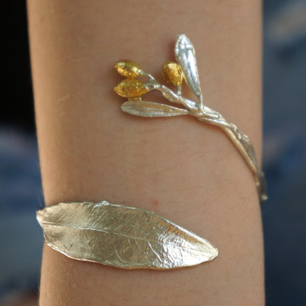 Sterling Silver Bracelet – Adjustable Olive Branch Cuff With Gold