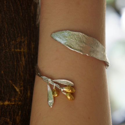 Sterling Silver Bracelet – Adjustable Olive Branch Cuff With Gold
