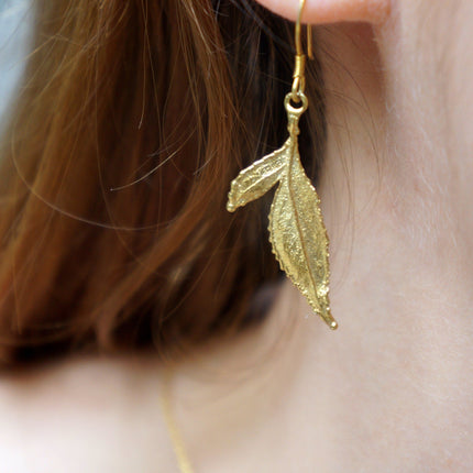 Solid Gold Rose Earrings – Handmade 9k 14k 18k Gold Leaf Dangle Floral