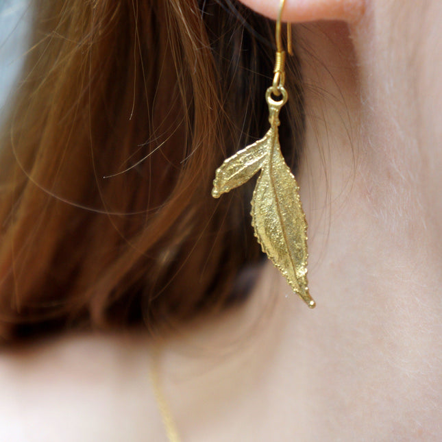 Solid Gold Rose Earrings – Handmade 9k 14k 18k Gold Leaf Dangle Floral