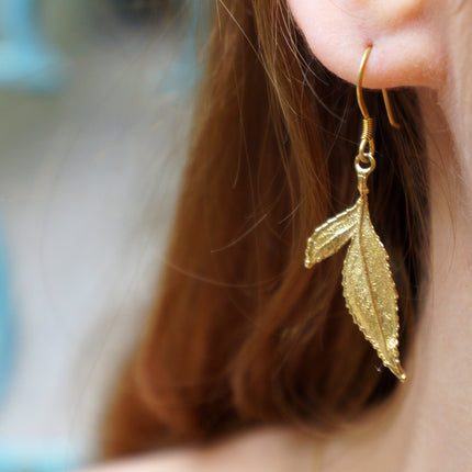 Solid Gold Rose Earrings – Handmade 9k 14k 18k Gold Leaf Dangle Floral