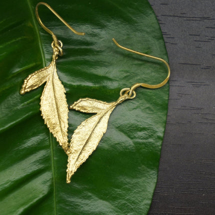 Solid Gold Rose Earrings – Handmade 9k 14k 18k Gold Leaf Dangle Floral