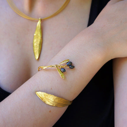 Sterling Silver Bracelet – Adjustable Olive Branch Cuff With Gold