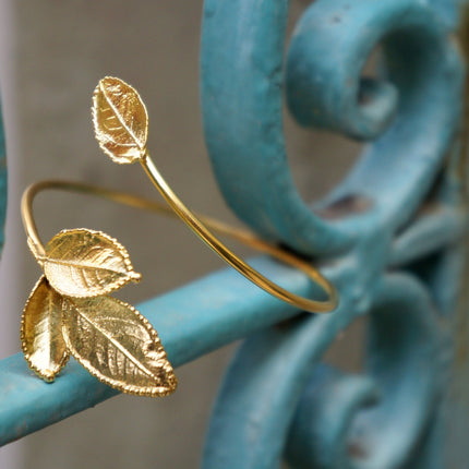 Open Cuff Bracelet – Adjustable Gold Plated Silver Real Rose Leaf