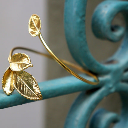 Open Cuff Bracelet – Adjustable Gold Plated Silver Real Rose Leaf