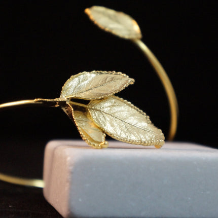 Open Cuff Bracelet – Adjustable Gold Plated Silver Real Rose Leaf