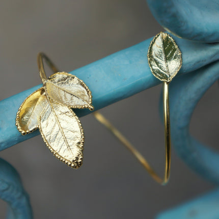 Open Cuff Bracelet – Adjustable Gold Plated Silver Real Rose Leaf