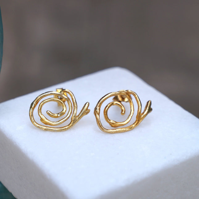 Solid Gold Earrings – Handmade Spiral Studs with Jasmine Plant Design,