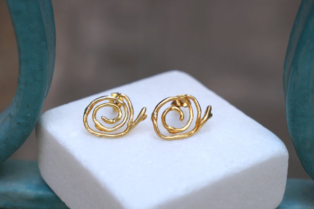 Solid Gold Earrings – Handmade Spiral Studs with Jasmine Plant Design,