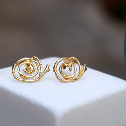 Solid Gold Earrings – Handmade Spiral Studs with Jasmine Plant Design,